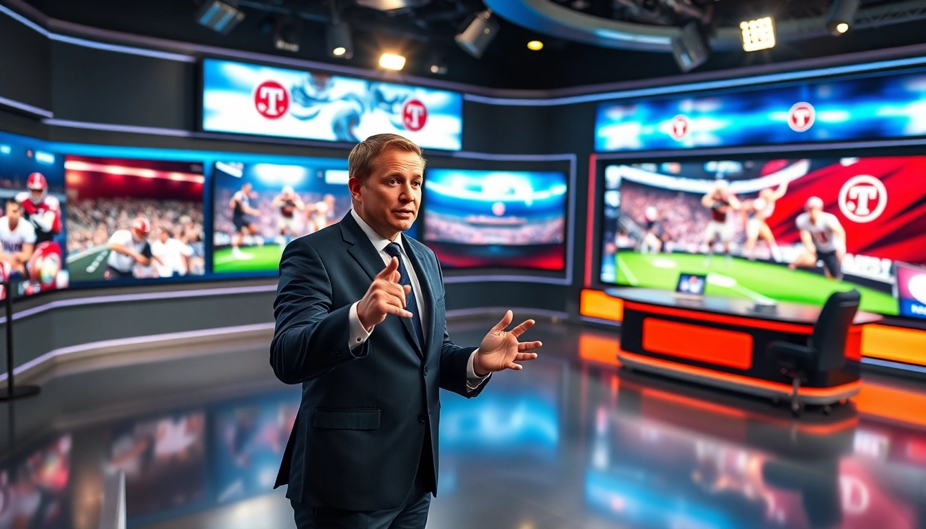Engaging anchor in a professional sports broadcasting studio delivering news with high-definition screens.
