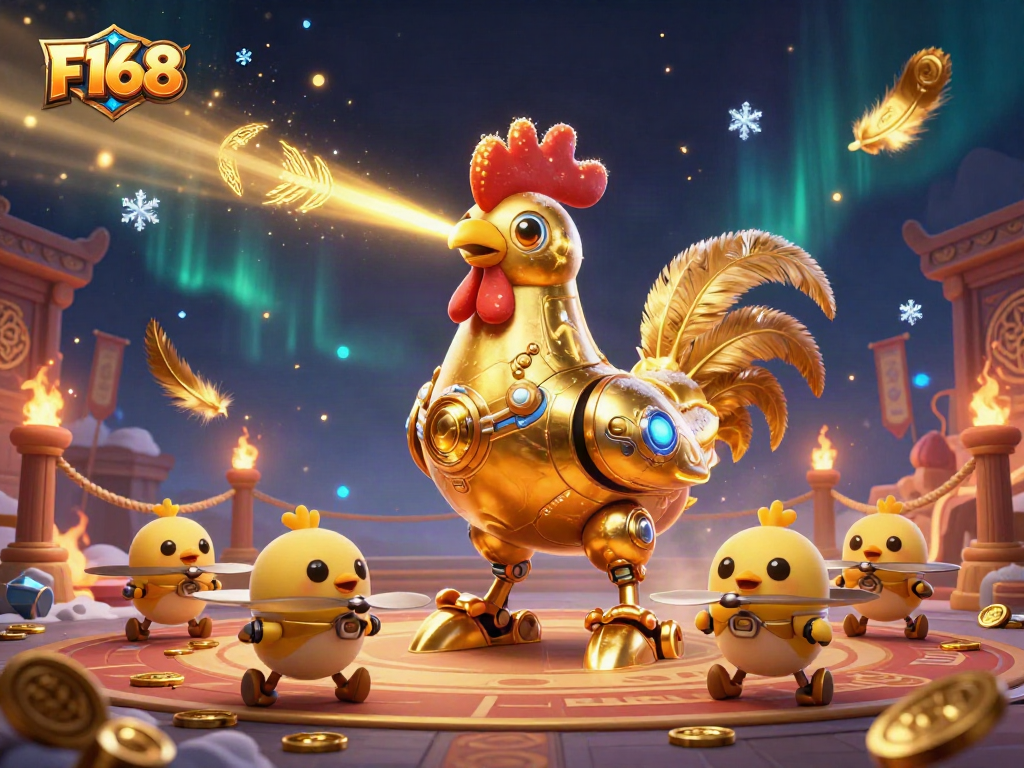 Engage with F168's dazzling casino experience featuring golden rooster and chick drones.