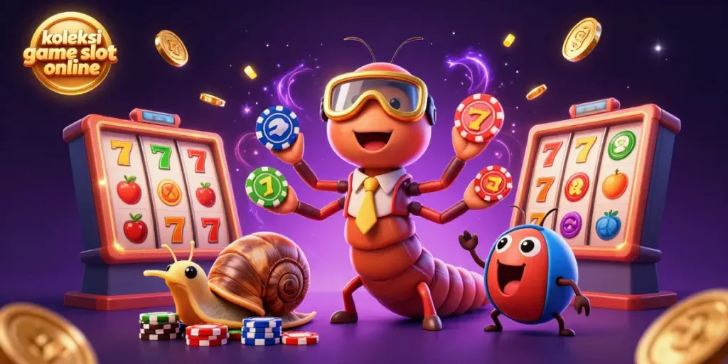 Koleksi game slot online dengan dealer unik dan simbol permainan yang menarik dalam latar belakang magis.