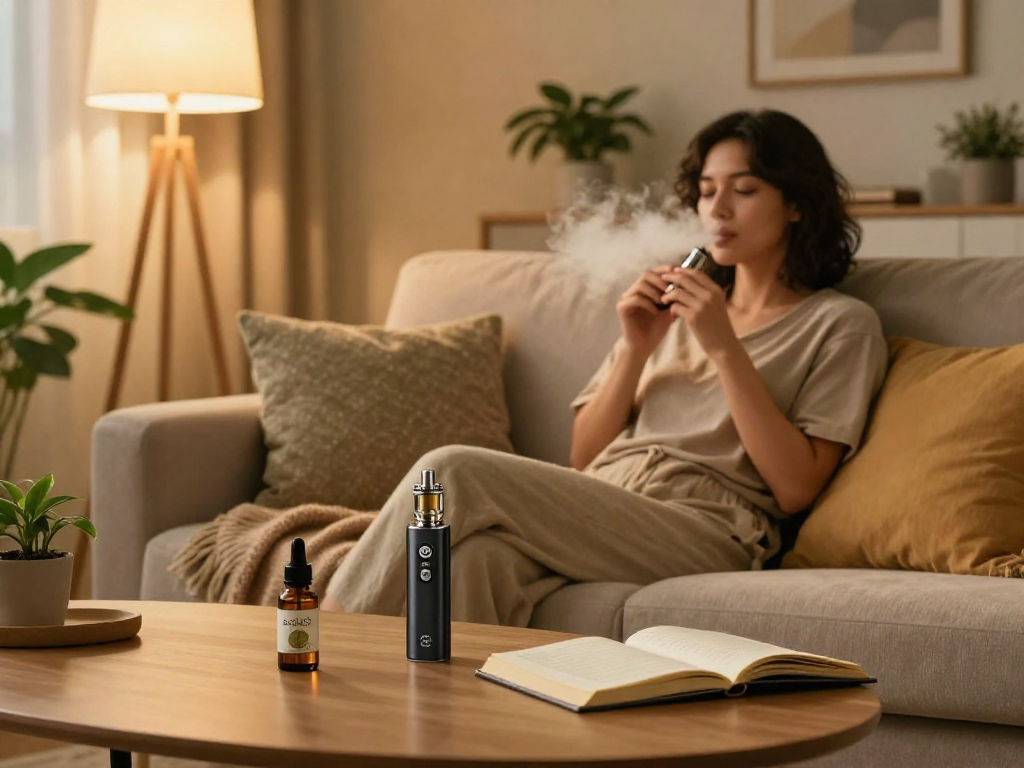 packman weed vape device in peaceful living room with CBD oil, relaxed atmosphere, natural wellness.