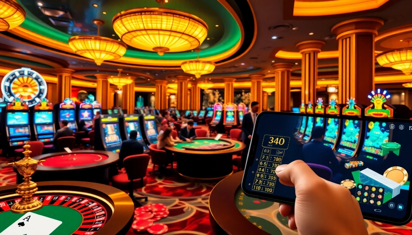 An exciting casino atmosphere featuring players engaged in kkwin đăng ký at poker and roulette tables, showcasing vibrant gaming activities.