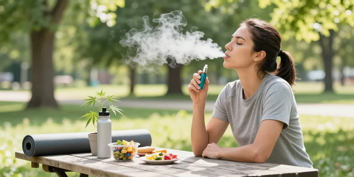 Disposable weed vape UK in a natural outdoor wellness scene with hemp plant and healthy snacks.