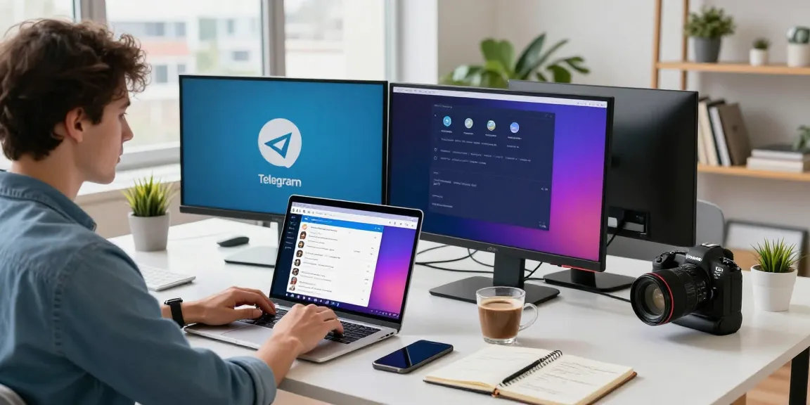 Using Telegram Web Version on a laptop in a modern workspace, emphasizing digital communication.