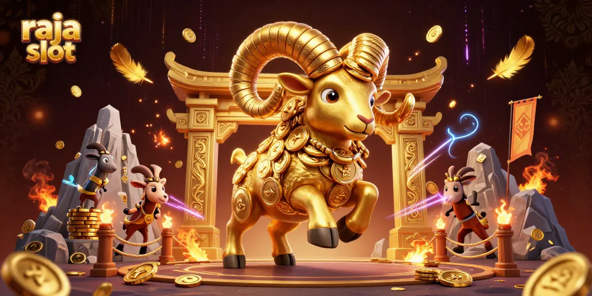 Raja slot menampilkan domba emas dengan tumpukan koin dan efek jackpot yang dramatis.