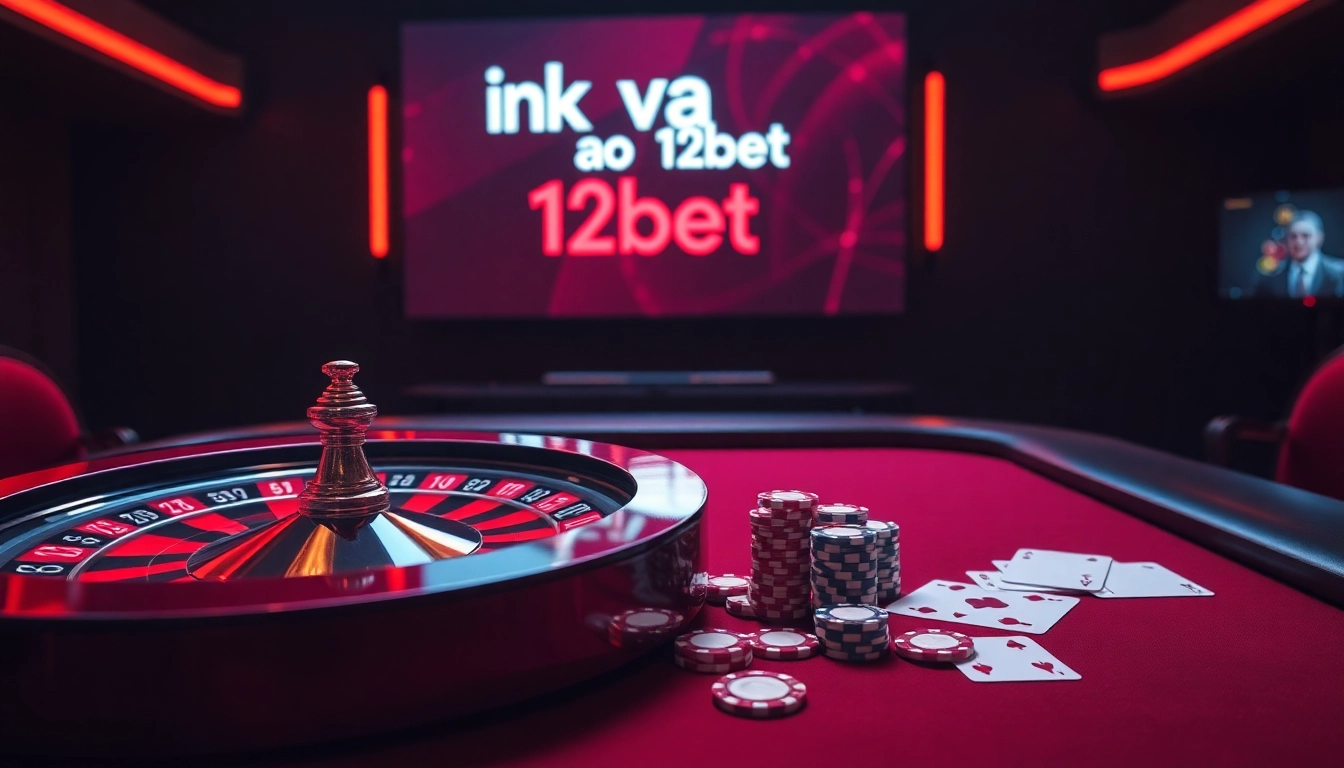 Engage with ink vao 12bet through a luxurious online casino environment, featuring roulette and poker elements.