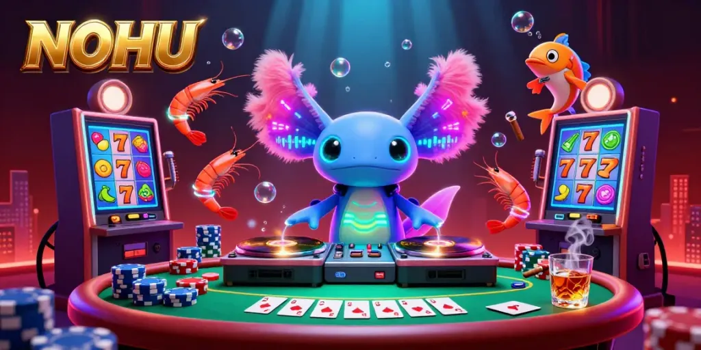 Experience thrilling gameplay at NOHU with vibrant underwater scenes featuring neon characters and slot machines.