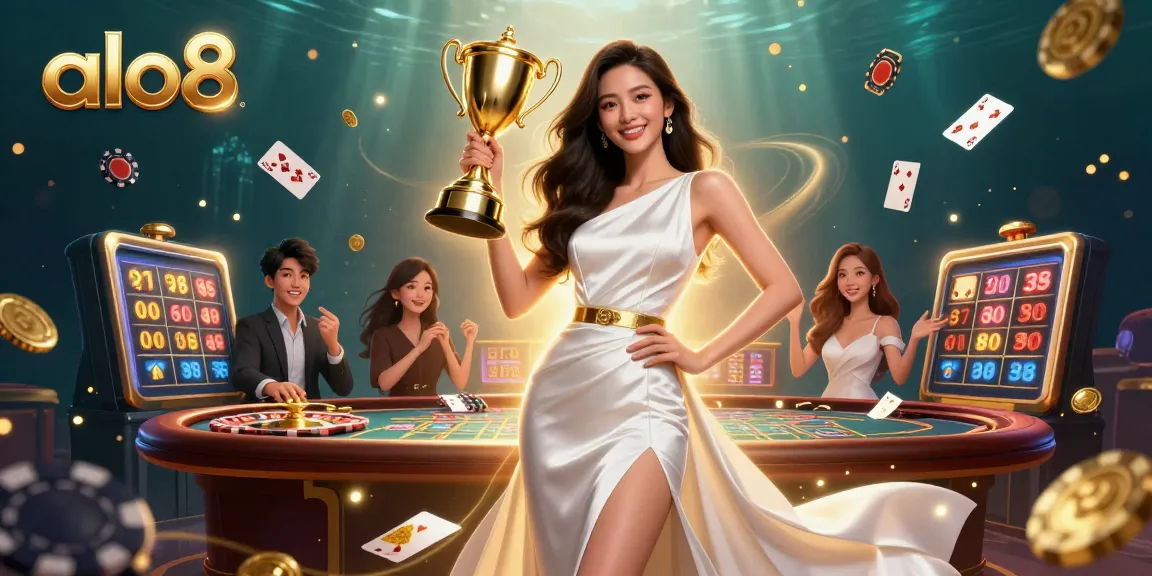 Win big at alo8 as a confident player embraces victory with a trophy amid dazzling casino elements.