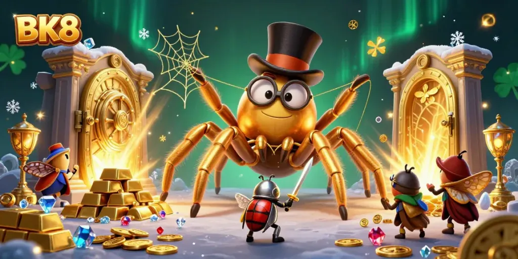 Engage in thrilling gaming at BK8, illustrated with vibrant characters and gold treasures in a dynamic casino scene.