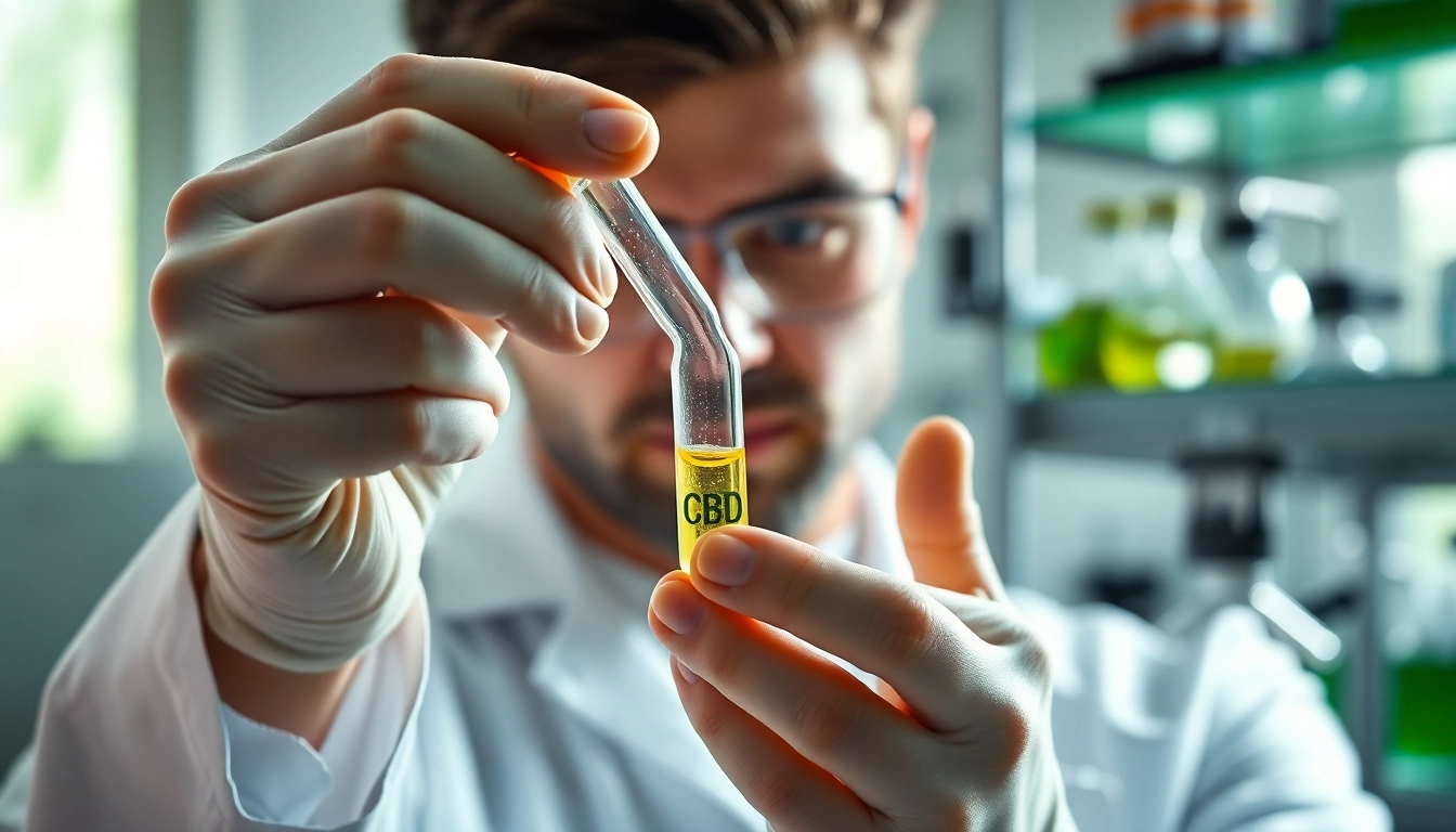 Scientist analyzing CBD extraction process in a bright lab setting.