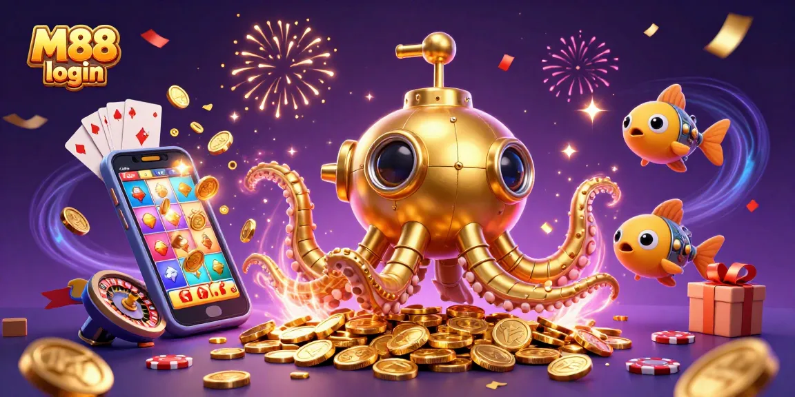 M88 login: Dive into the excitement of online slots and rewards with our colorful casino illustration.