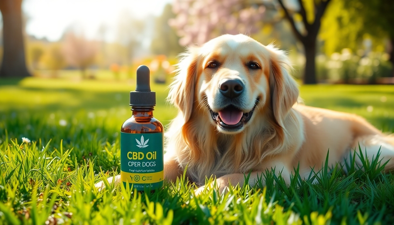 Happy golden retriever next to CBD Oil For Dog bottle in a sunny park setting.