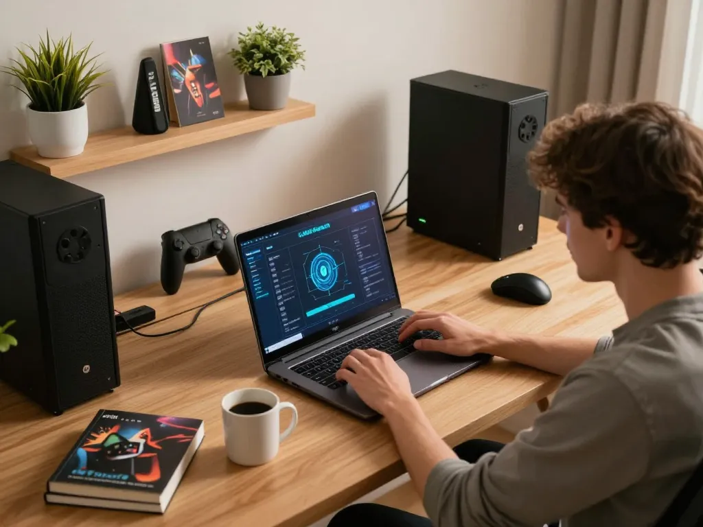 Engaging user analyzes LLWIN Function interface on laptop during online casino gameplay at home.