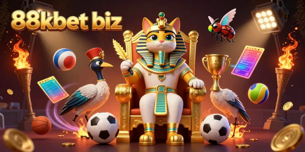 Experience thrilling gaming action with 88kbet biz as cartoon pharaoh cat presides over winning sports events.