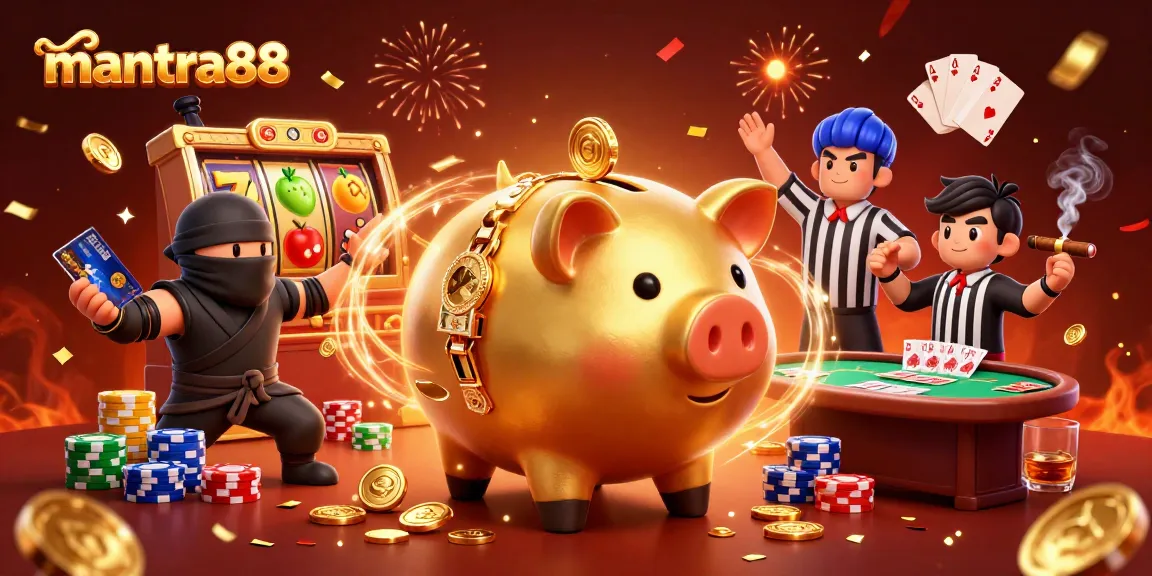 Engage with mantra88's vibrant gaming scene featuring a golden piggy bank sumo wrestler and thrilling slot reels.
