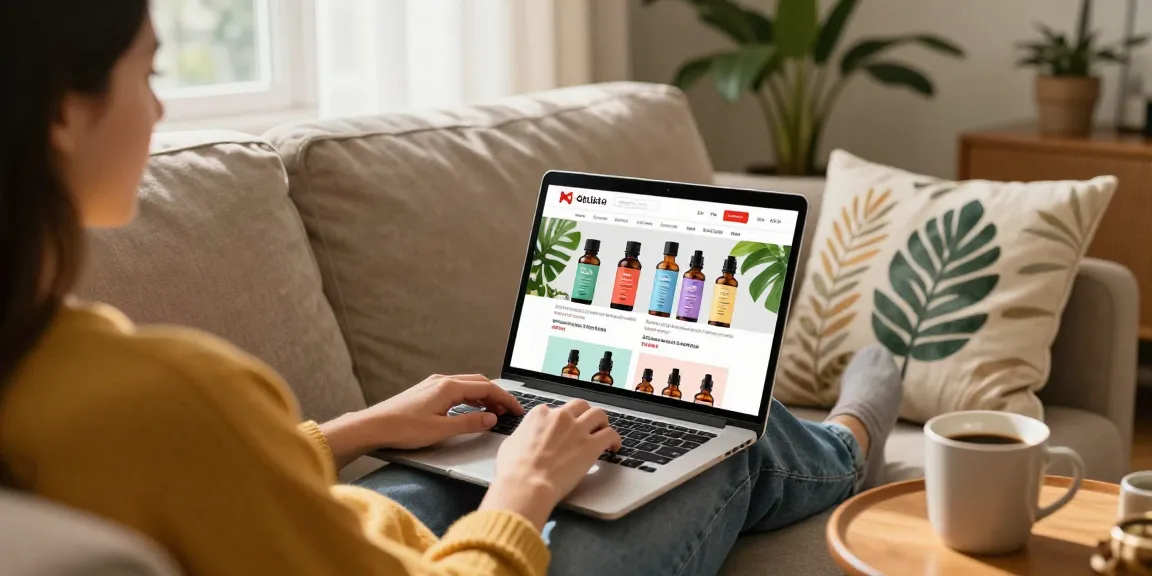 Shopping for the best CBD oil Canada in a cozy living room setting with soft lighting and plants.