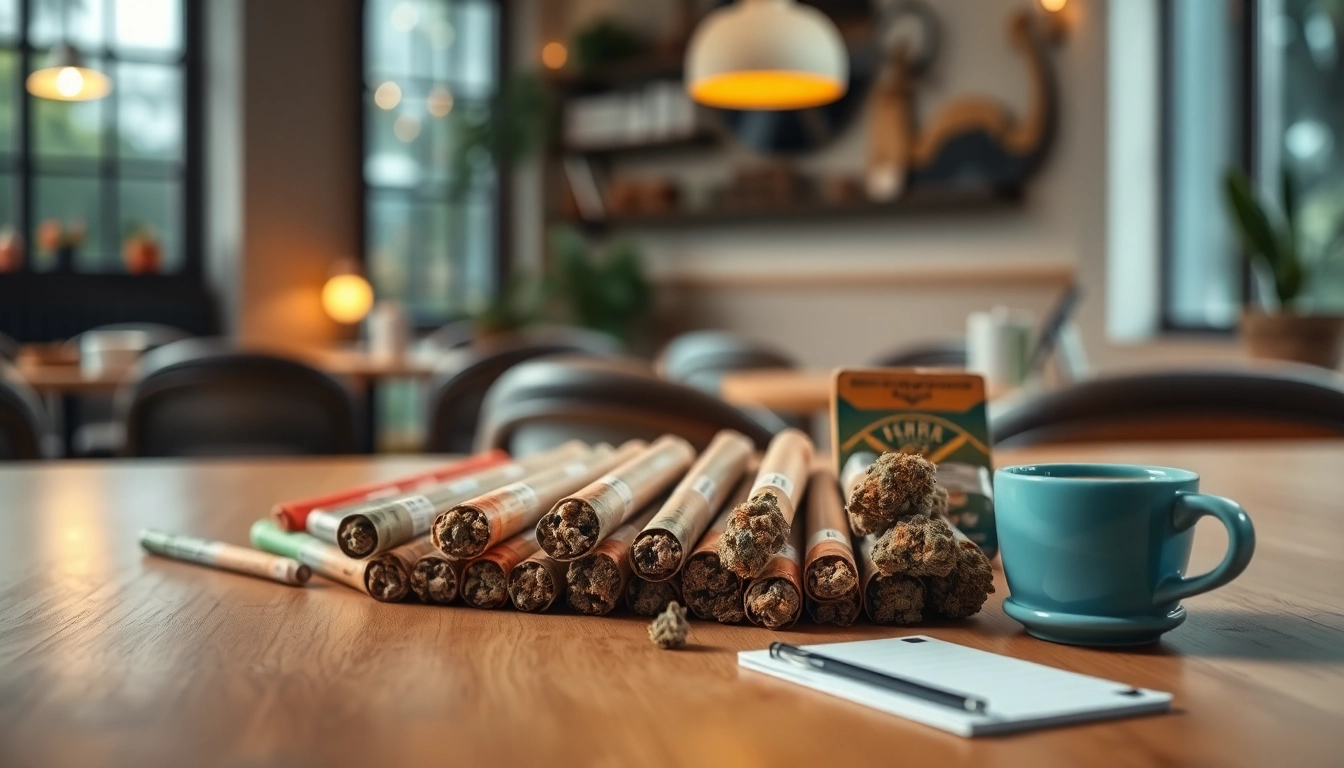 Purchase pre rolled joints online with beautifully arranged strains against a wooden setting.