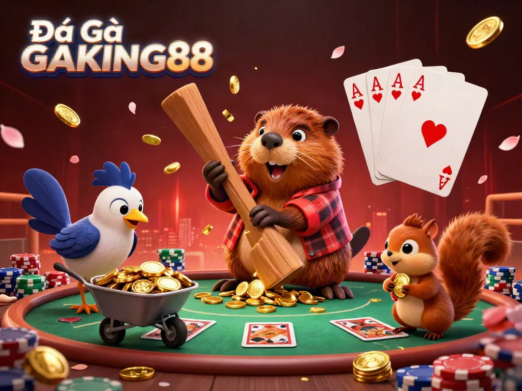 Engage with Đá Gà GAKING88 amidst a vibrant cockfighting arena where characters rain golden coins and celebrate with action-packed poker elements.