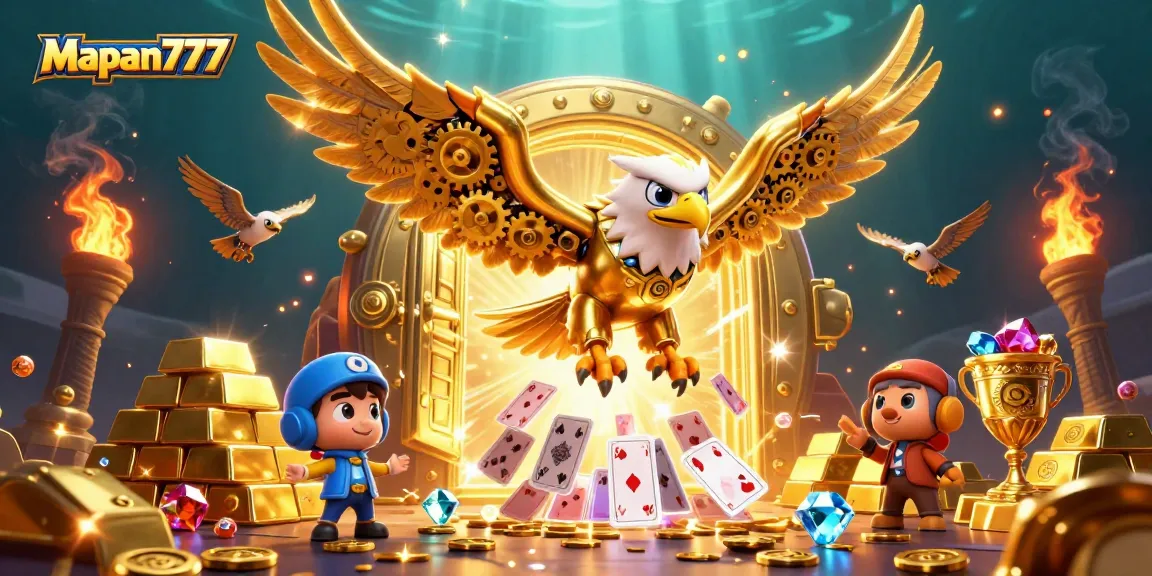 Experience thrilling action with Mapan777 as a golden eagle dives through holographic cards amidst treasures.