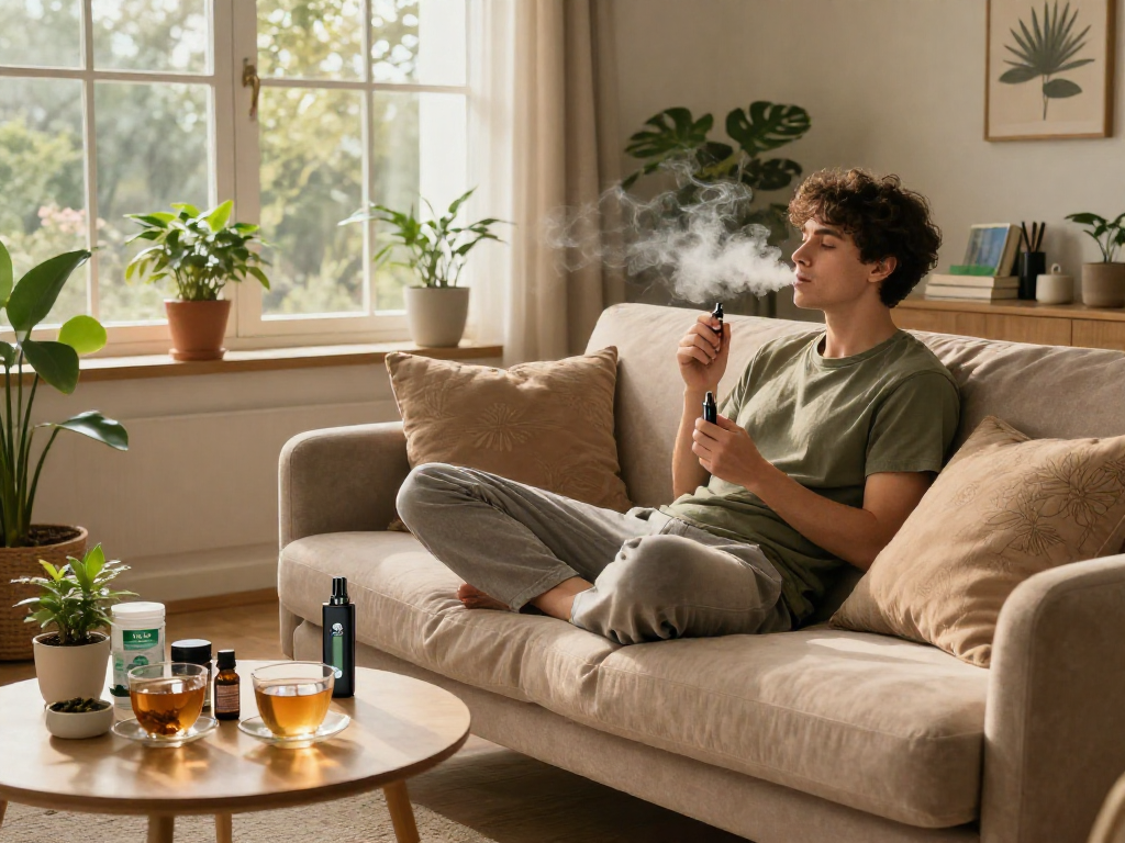 The 10/10 Boys vape in a cozy living room scene, promoting a relaxing wellness routine with natural hemp products and herbal teas.