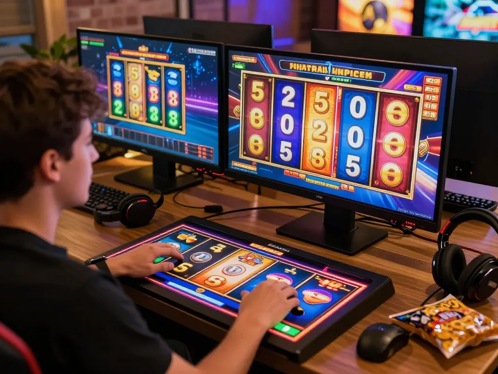 Engaging slot gameplay on a sleek desktop setup showcasing vibrant reels