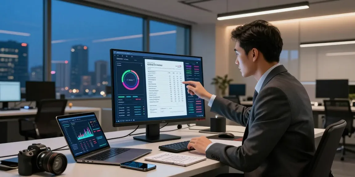 Professional analyzing AI data to detect fake receipt authenticity in a modern office.