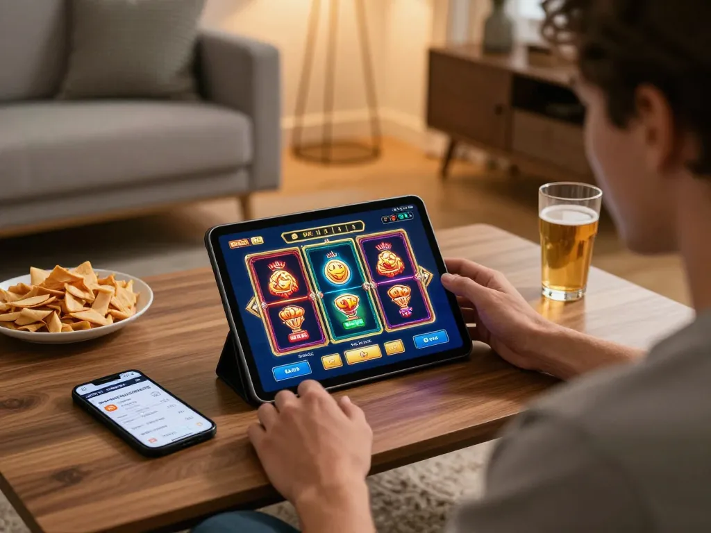 L567 player enjoying slots on tablet in a cozy home setup while managing bankroll strategically.