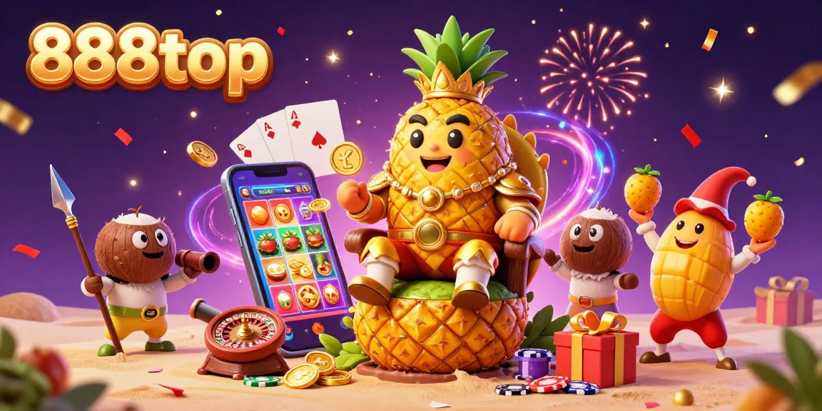 Engaging scene depicting the vibrant world of 888top casino with a cartoon pineapple king and games.