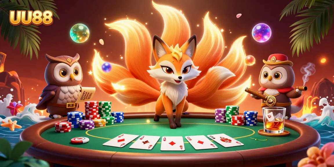 Experience exciting gambling action with UU88's colorful characters and poker scene in a vibrant illustration.