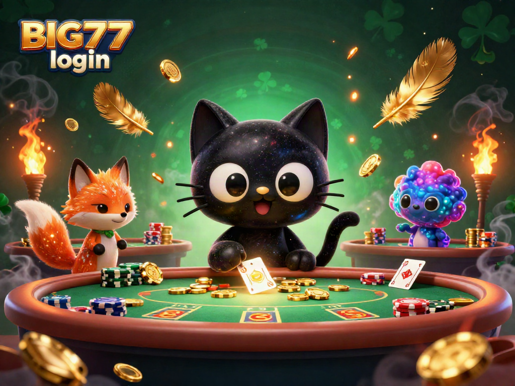 Engage with BIG777 login at a cosmic casino featuring a black hole cat and nebula fox surrounded by poker elements.