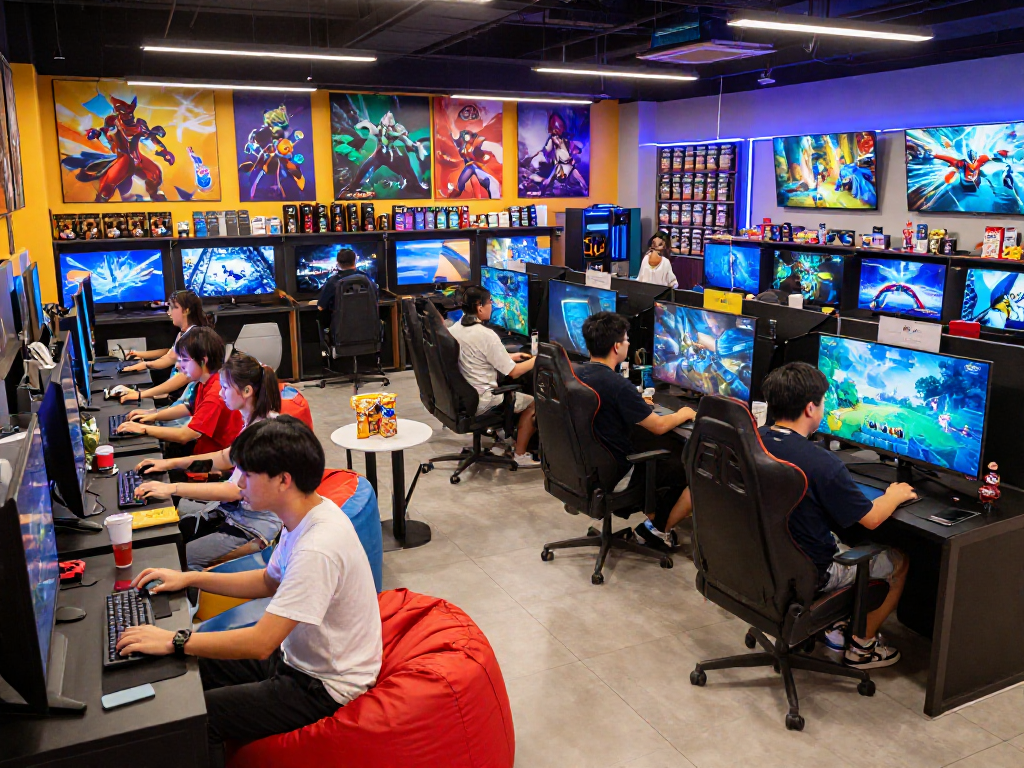 Gamers enjoying their time at the vibrant rokok88 game store, surrounded by colorful displays and merchandise.