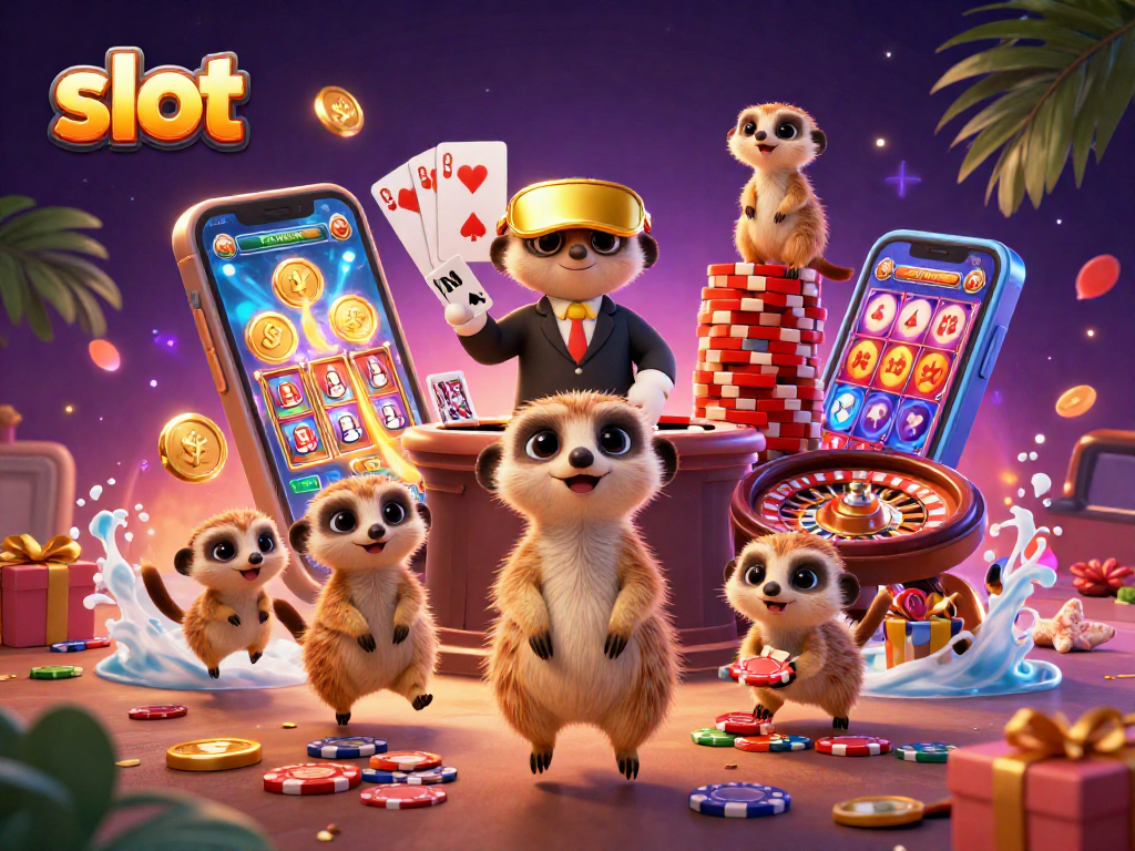 Enjoy thrilling slot gameplay with meerkats at a colorful casino scene bursting with excitement.