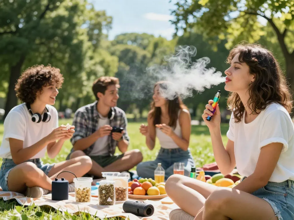 Social gathering with young adults enjoying sativa packwoods under sunny skies, vibrant atmosphere.