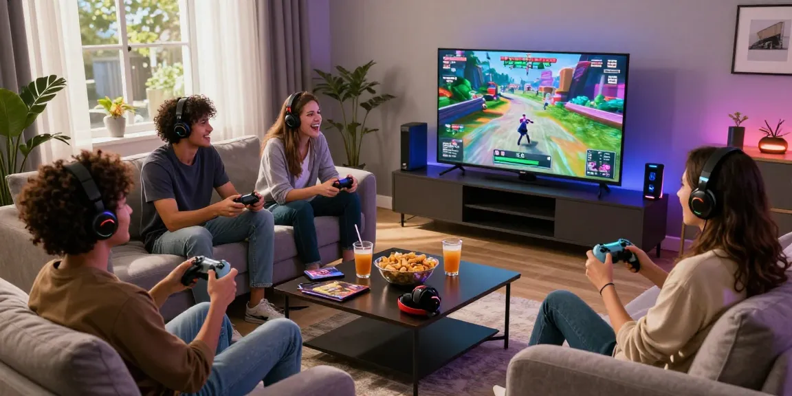 Garuda303 gaming experience with friends in a modern living room, featuring consoles, snacks, and vibrant atmosphere.