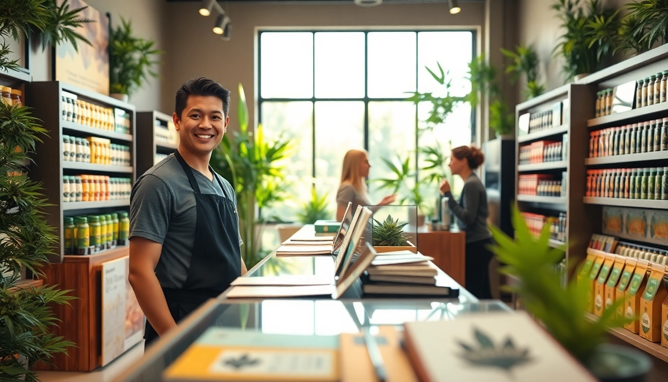 Shopping in a welcoming Weed Store with vibrant cannabis products and friendly staff.