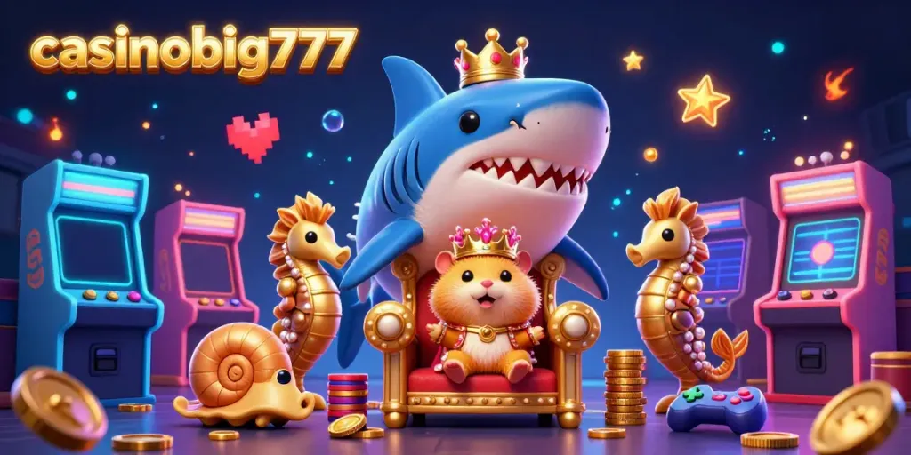 Experience winnings at casinobig777 with a dynamic 3D illustration showcasing a golden hamster king amidst vibrant gaming elements.