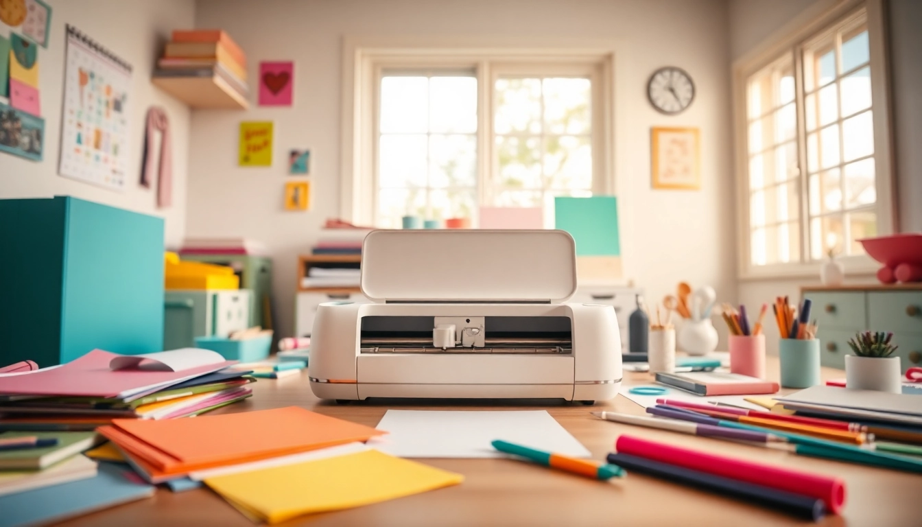 Cricut for beginners workspace featuring a Cricut machine and colorful crafting materials