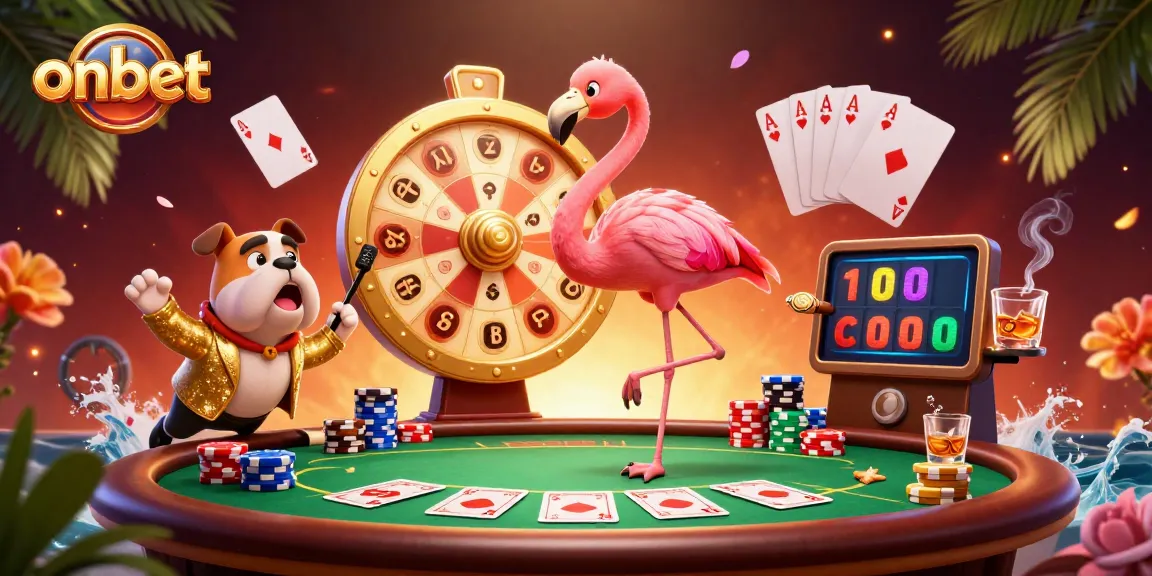 Engage with onbet's thrilling rewards as a flamingo host spins the prize wheel in a lively casino scene.