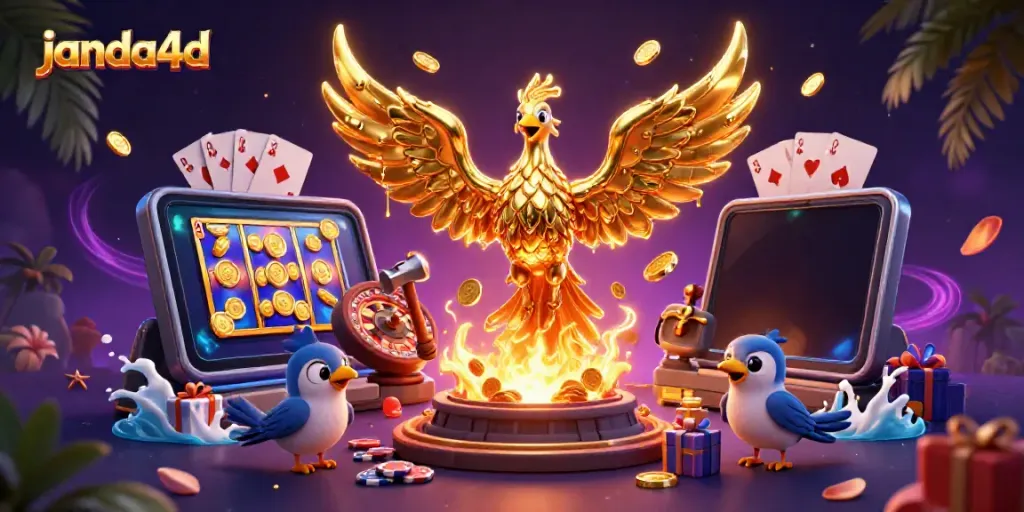 Menggoda pengguna dengan permainan janda4d yang menampilkan phoenix emas dan elemen kasino menarik.