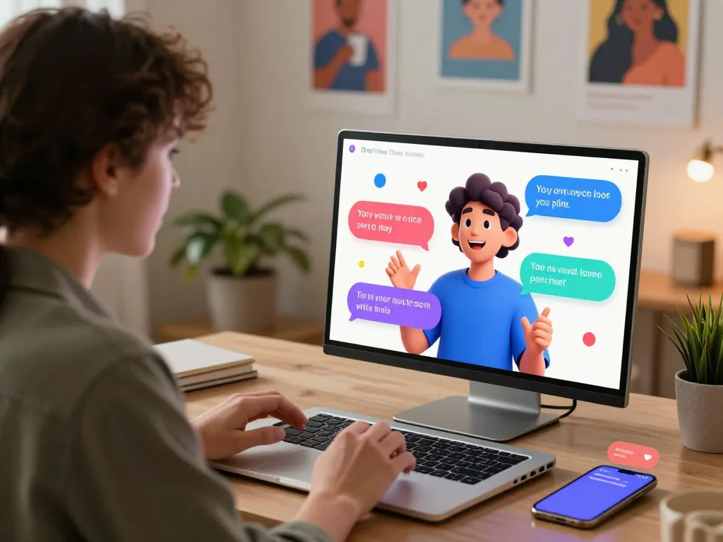 User enjoying a vibrant conversation with a spicychat AI companion in a lively home office setting.