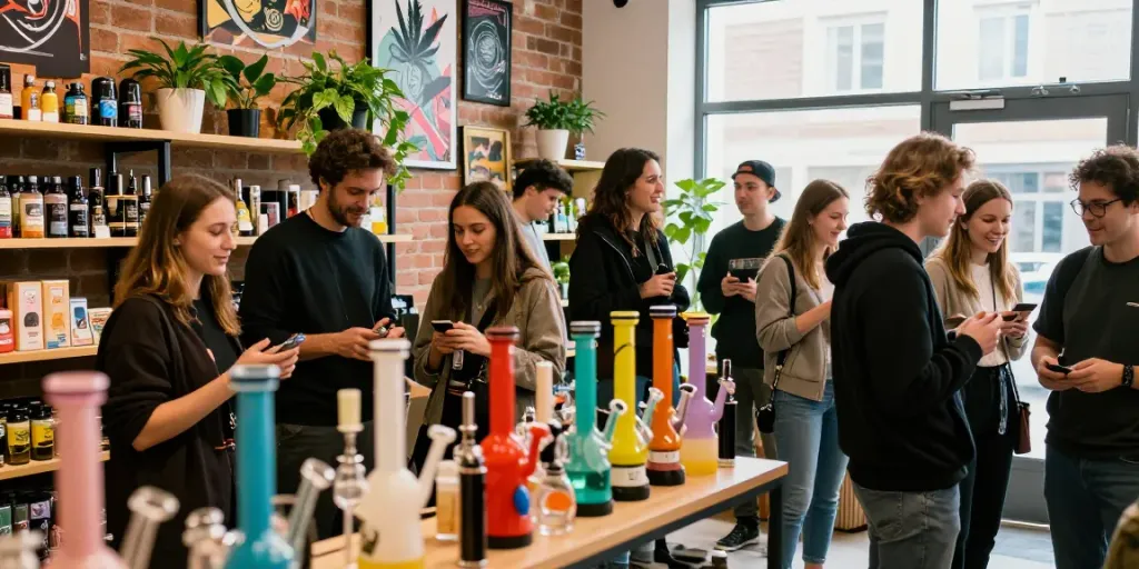 headshop köln with vibrant products and diverse customers exploring cannabis culture