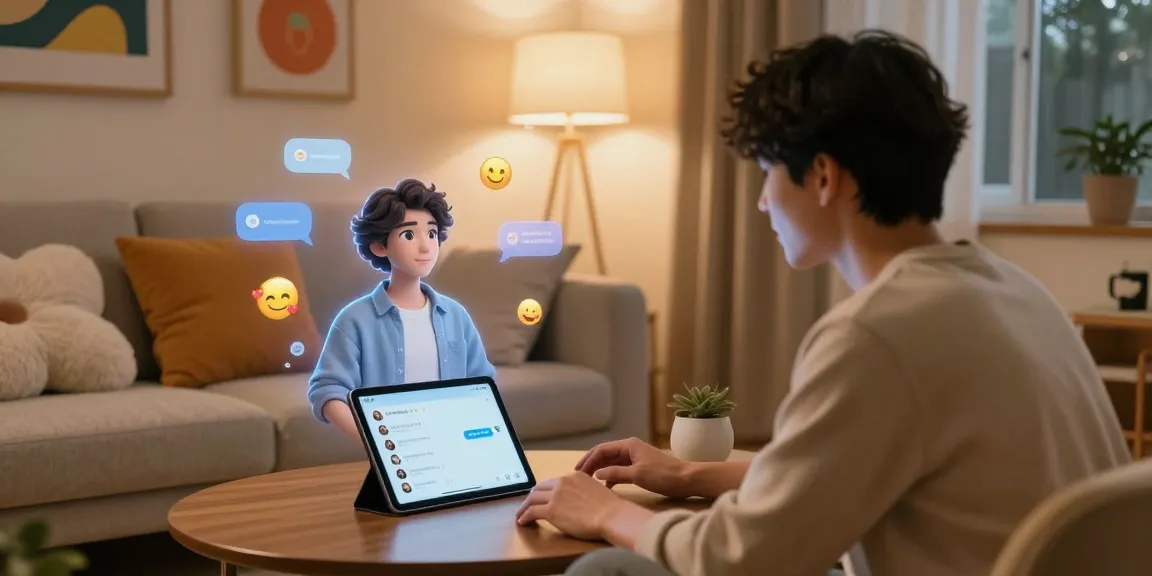 Engaging scene with user chatting with CrushOn AI character in cozy room, showcasing interactive AI experience.