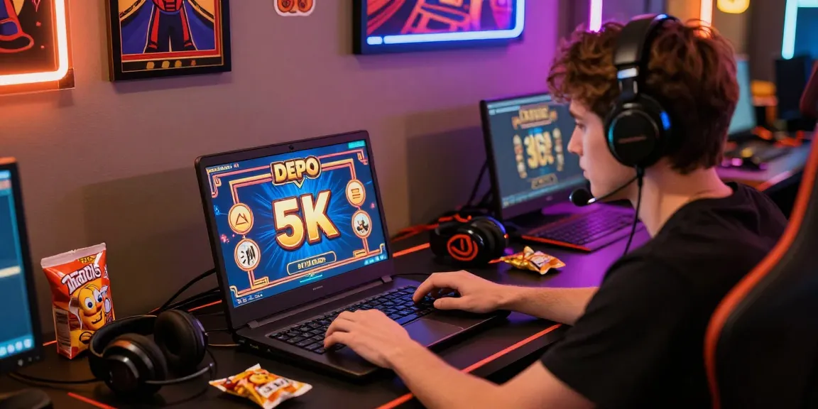 Player enjoying thrilling slot depo 5k online gaming experience with vibrant graphics and cozy atmosphere.