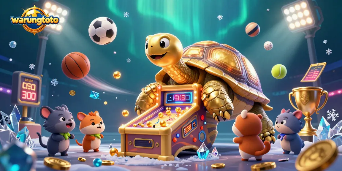 Engage with warungtoto's vibrant gaming scene featuring a golden tortoise and dynamic sports action.