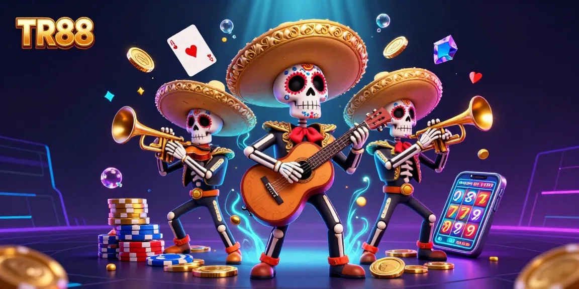 Experience TR88 world with vibrant mariachi band amidst sparkling casino excitement and golden elements.