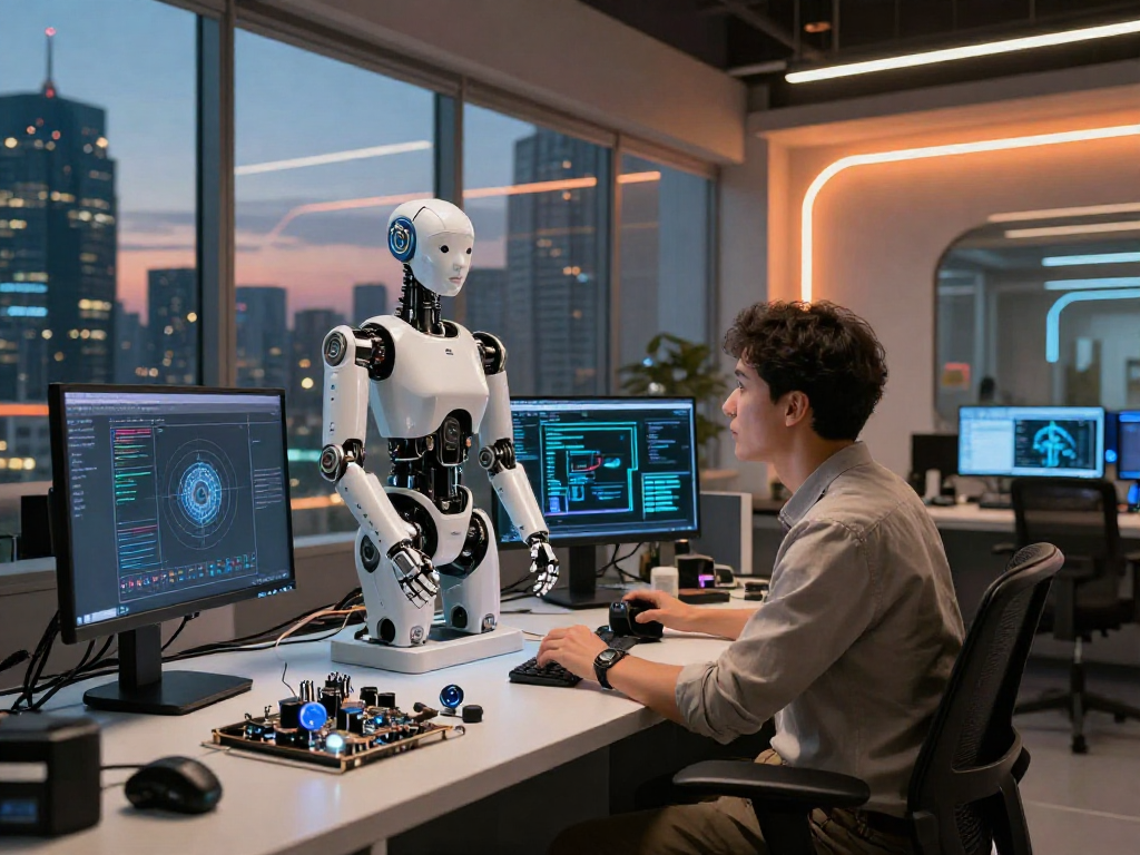 Programmer working with a humanoid sex bot prototype in a high-tech robotics lab.