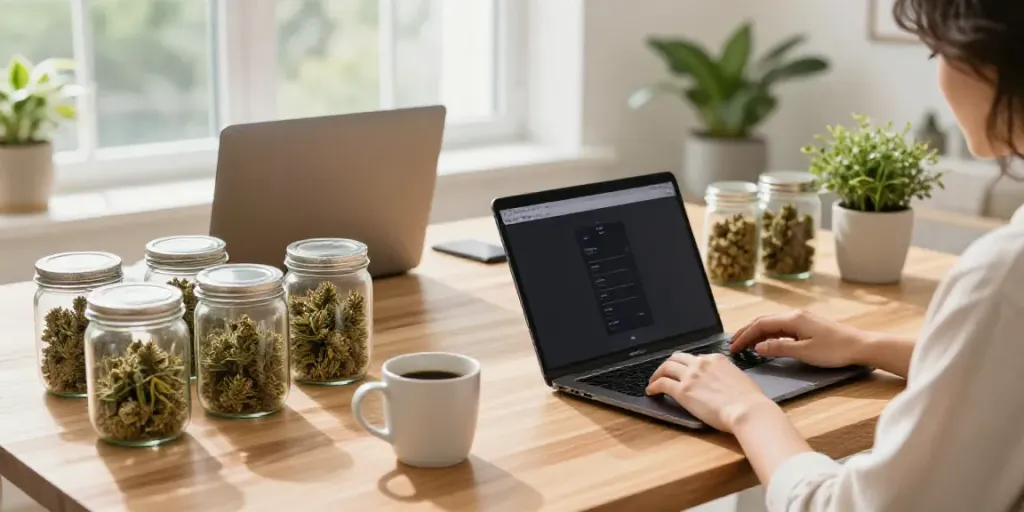 CBD Blüten kaufen: Person kauft Premium Blüten in modernem Arbeitsumfeld.