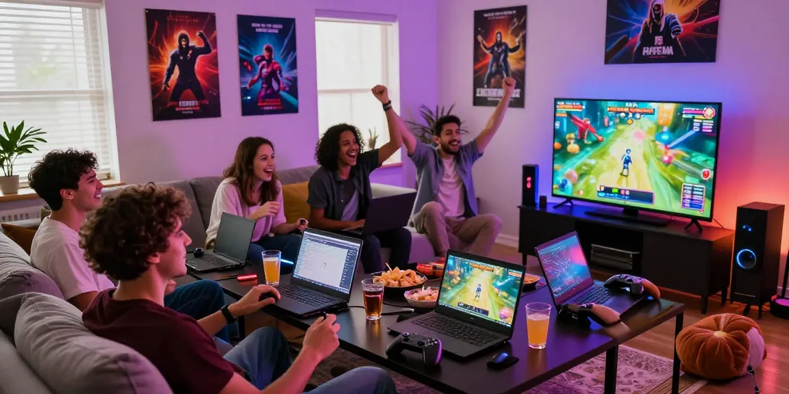 Friends enjoying free porn games in a vibrant gaming environment on multiple devices.