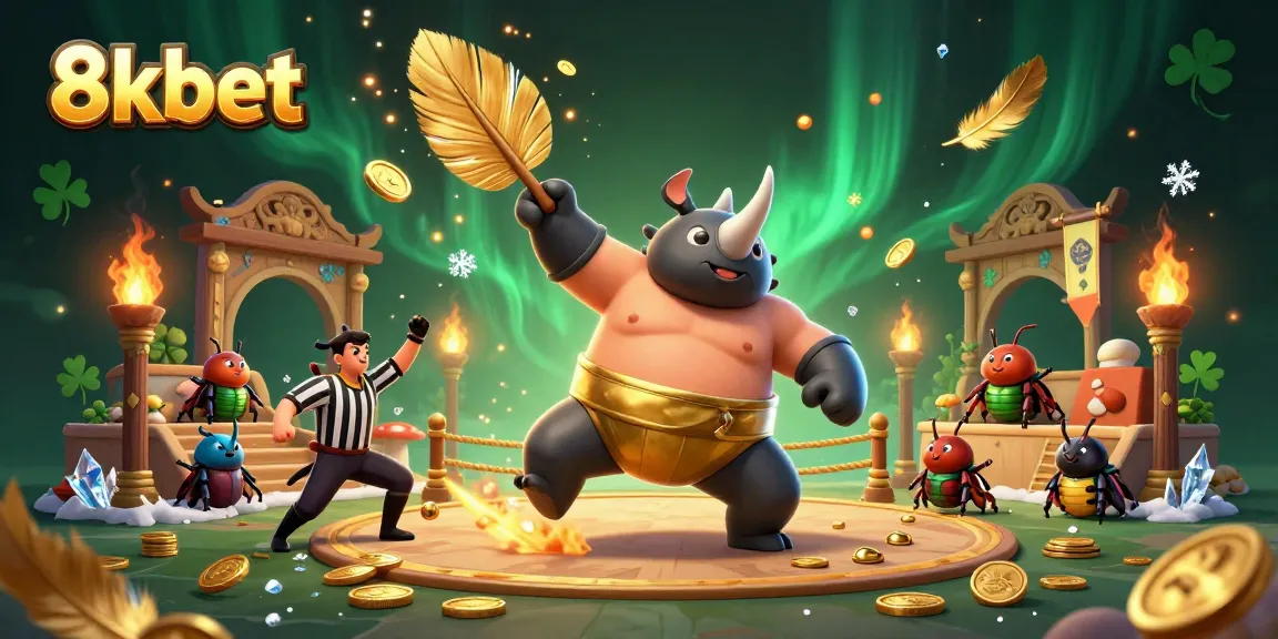 Experience the thrilling action of 8kbet with a sumo champion beetle amidst flying coins and dynamic betting elements.