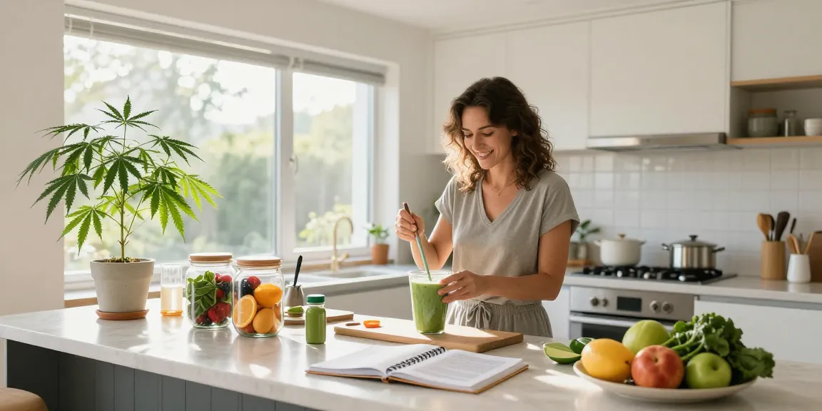 Buy edibles online and elevate your wellness with premium CBD products, including oils and edibles in a natural kitchen setting.