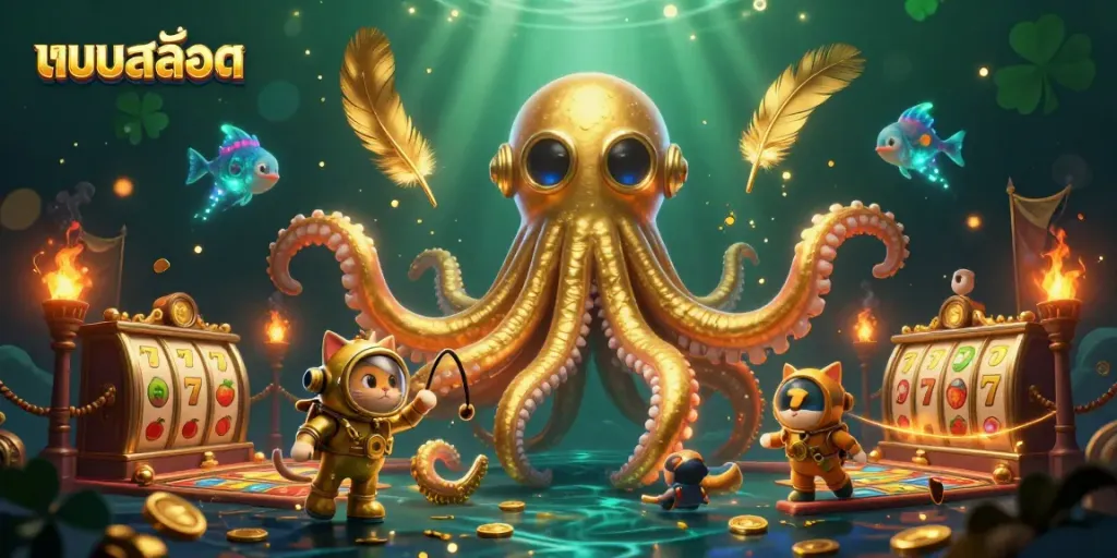 Engaging แบบสล็อต scene with a kraken and diving cat amidst glowing casino elements.